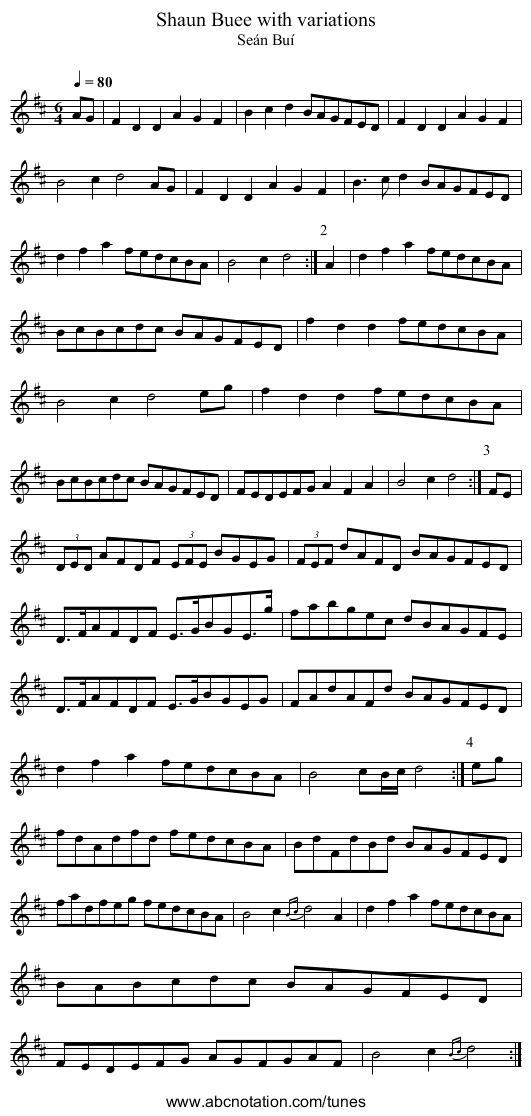 Shaun Buee with variations - staff notation