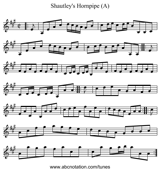 Shautley's Hornpipe (A) - staff notation