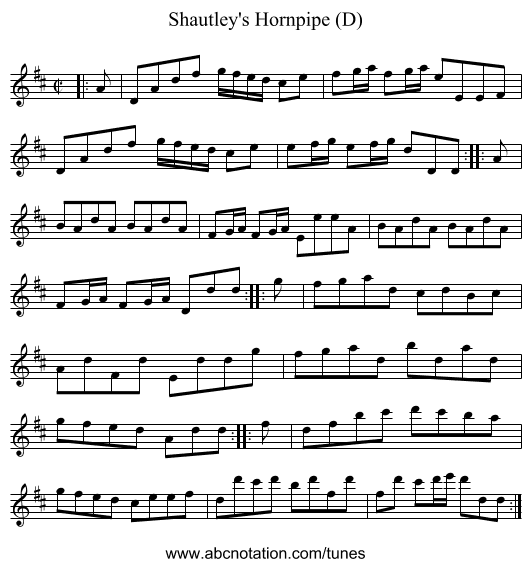Shautley's Hornpipe (D) - staff notation
