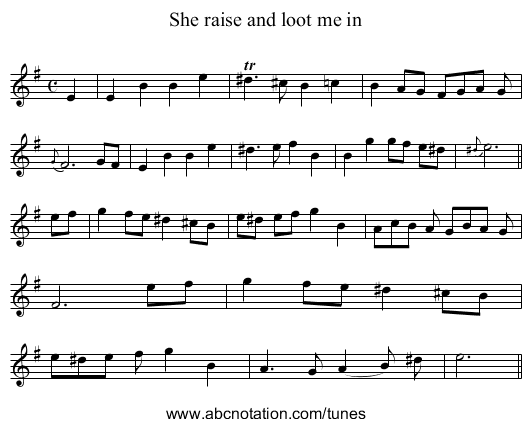 She raise and loot me in - staff notation