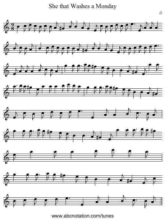 She that Washes a Monday - staff notation