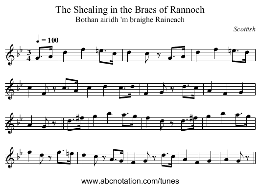 Shealing in the Braes of Rannoch, The - staff notation