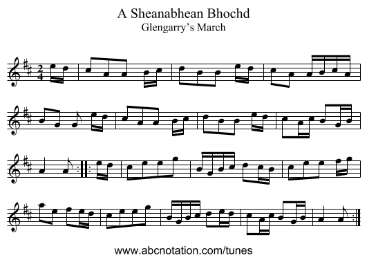 Sheanabhean Bhochd, A - staff notation