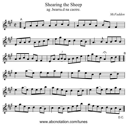 Shearing the Sheep - staff notation