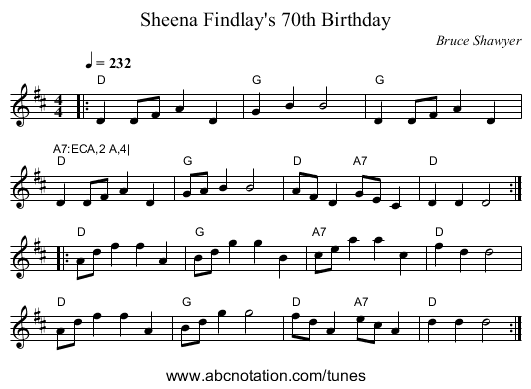 Sheena Findlay's 70th Birthday - staff notation