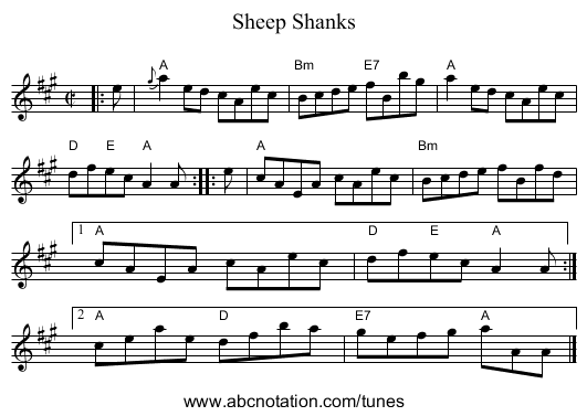 Sheep Shanks - staff notation