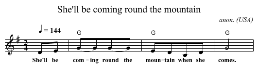 She'll be coming round the mountain - staff notation