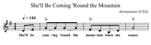 She'll Be Coming 'Round the Mountain - staff notation