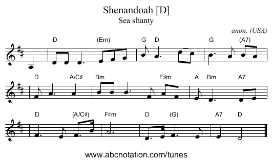 Shenandoah [D] - staff notation
