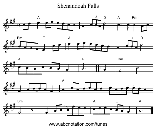 Shenandoah Falls - staff notation