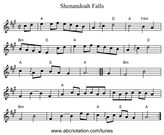 Shenandoah Falls - staff notation