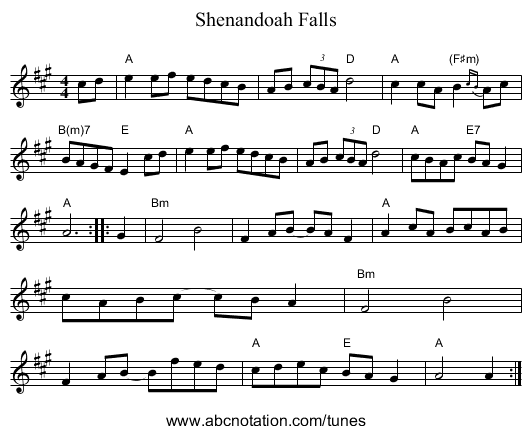 Shenandoah Falls - staff notation
