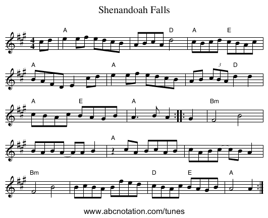 Shenandoah Falls - staff notation
