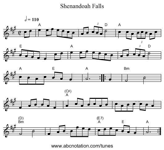 Shenandoah Falls - staff notation