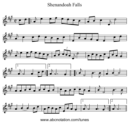 Shenandoah Falls - staff notation