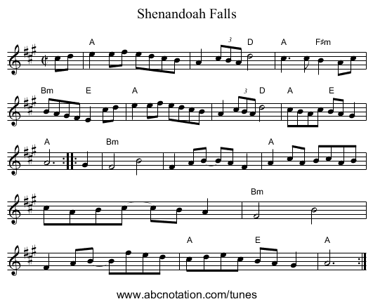 Shenandoah Falls - staff notation