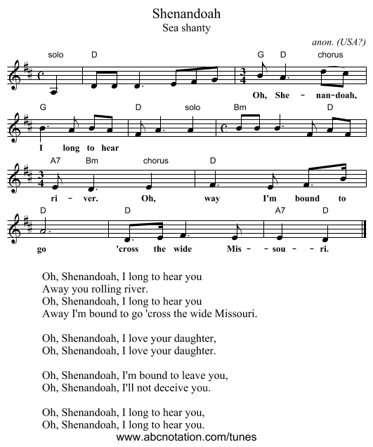 Shenandoah - staff notation