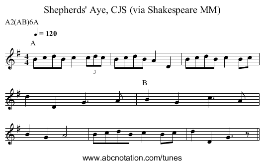 Shepherds' Aye, CJS (via Shakespeare MM) - staff notation