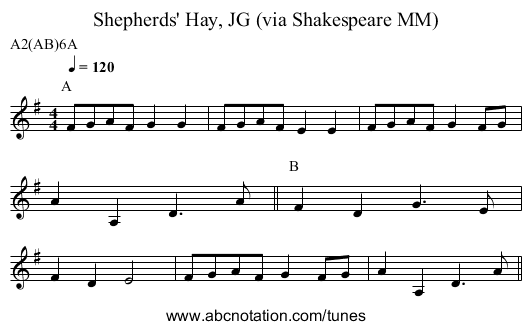 Shepherds' Hay, JG (via Shakespeare MM) - staff notation