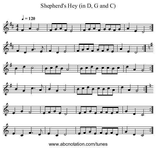 Shepherd's Hey (in D, G and C) - staff notation