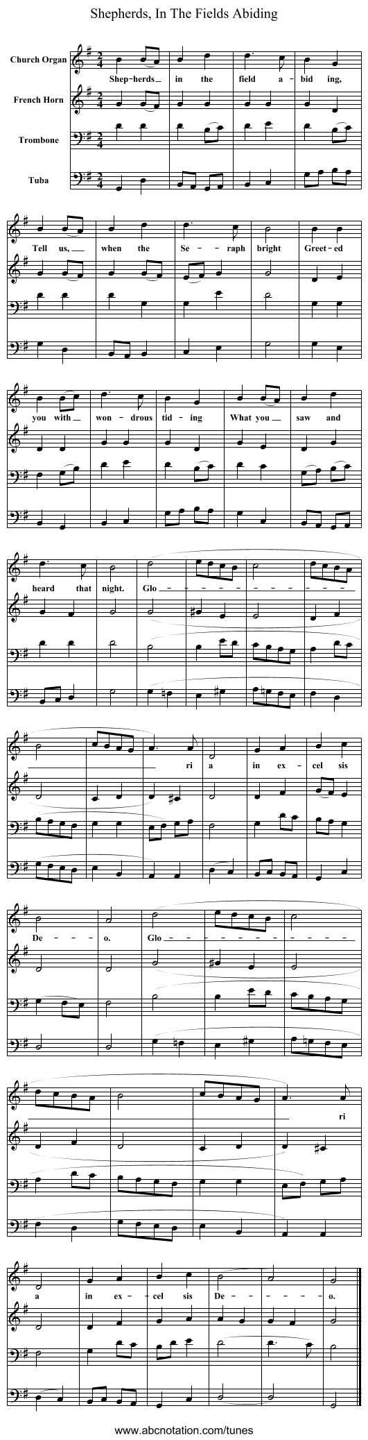 Shepherds, In The Fields Abiding - staff notation