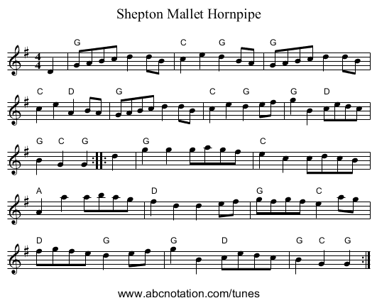 Shepton Mallet Hornpipe - staff notation