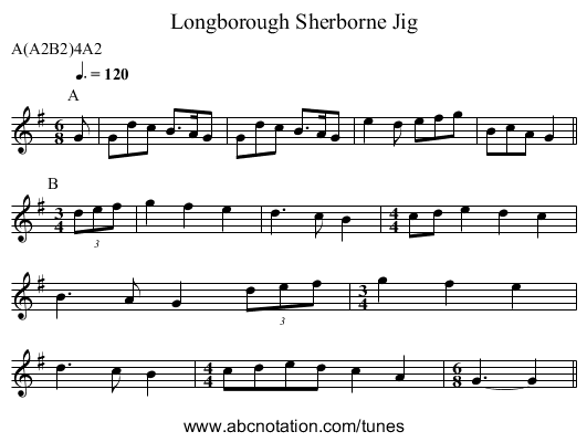 Sherborne Jig, Longborough - staff notation