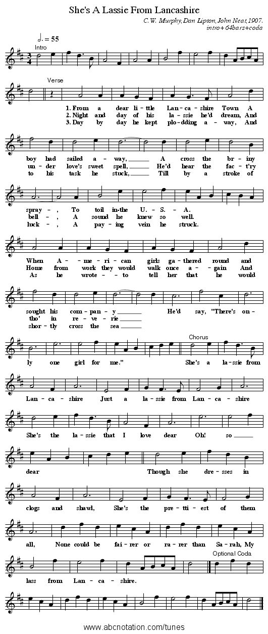 She's A Lassie From Lancashire - staff notation