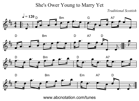 She's Ower Young to Marry Yet - staff notation