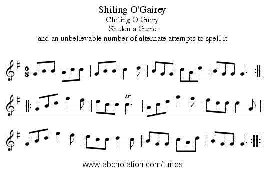 Shiling O'Gairey - staff notation