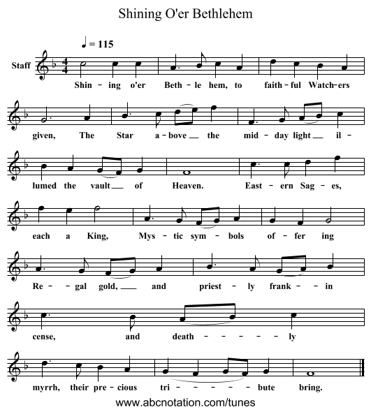 Shining O'er Bethlehem - staff notation