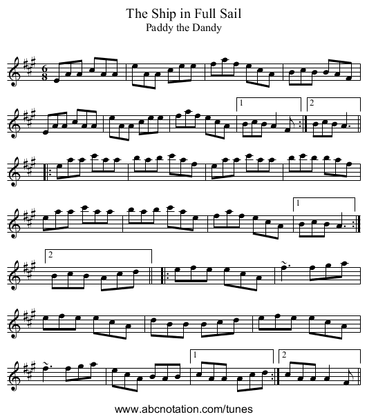 Ship in Full Sail, The - staff notation