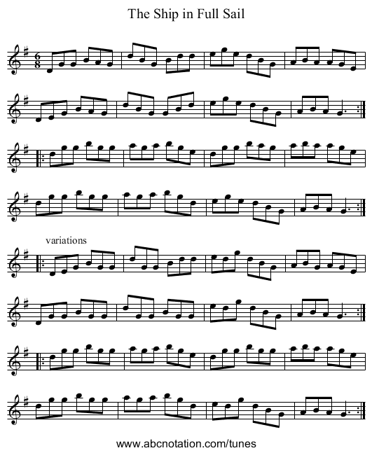 Ship in Full Sail, The - staff notation
