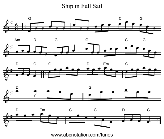 Ship in Full Sail - staff notation