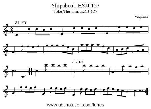 Shipabout. HSJJ.127 - staff notation