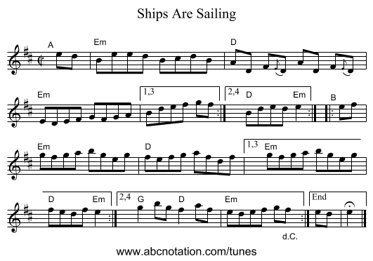 Ships Are Sailing - staff notation