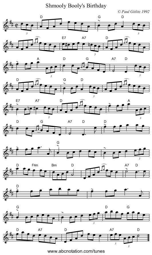 Shmooly Booly's Birthday - staff notation