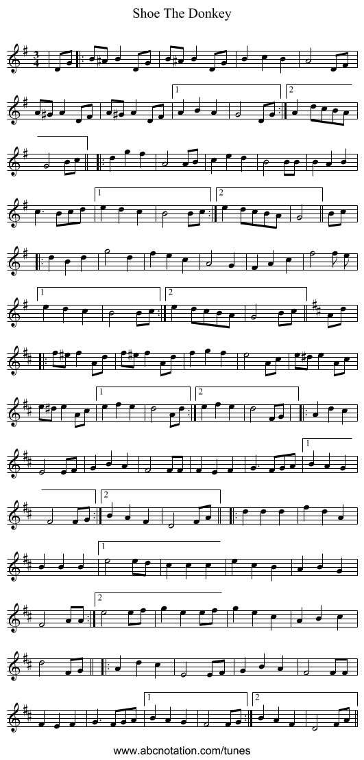 Shoe The Donkey - staff notation