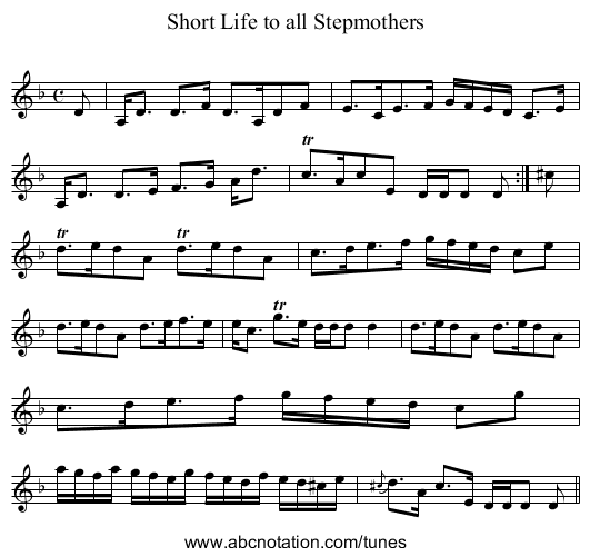 Short Life to all Stepmothers - staff notation
