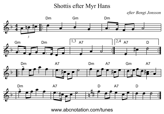 Shottis efter Myr Hans - staff notation