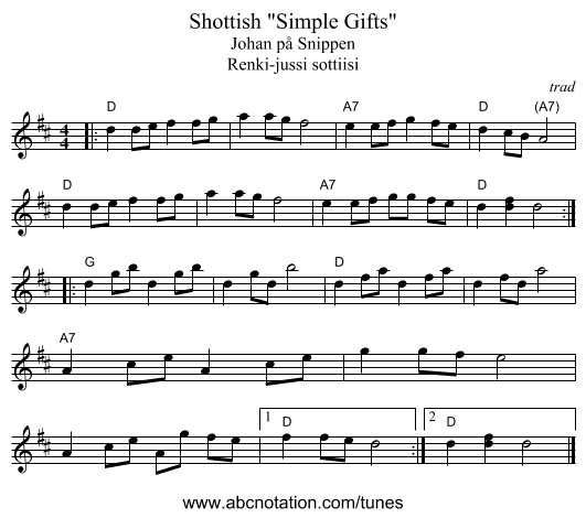 Shottish Simple Gifts - staff notation