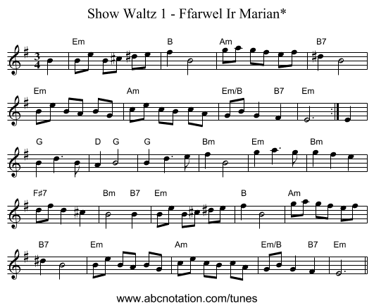 Show Waltz 1 - Ffarwel Ir Marian* - staff notation