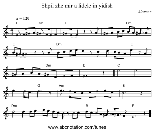 Shpil zhe mir a lidele in yidish - staff notation