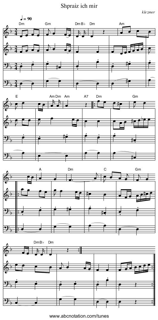 Shpraiz ich mir - staff notation