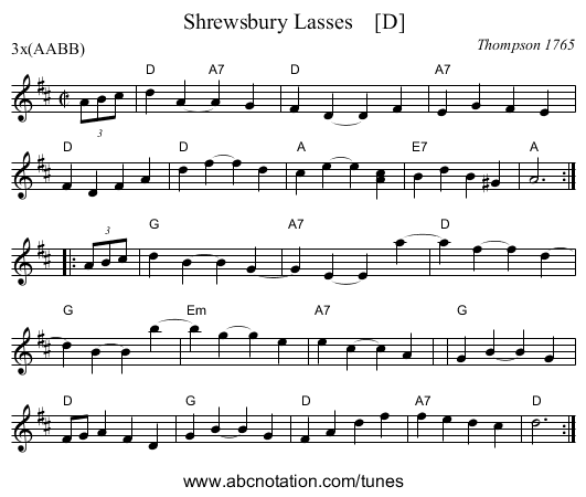 Shrewsbury Lasses    [D] - staff notation