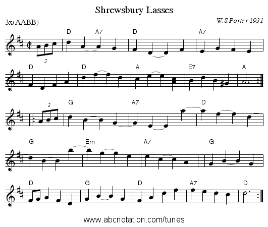 Shrewsbury Lasses - staff notation