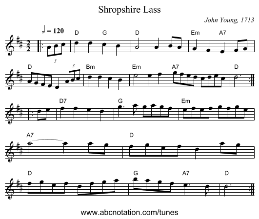Shropshire Lass - staff notation