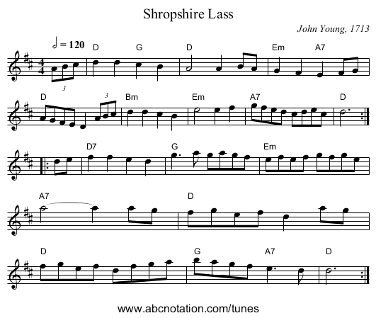 Shropshire Lass - staff notation