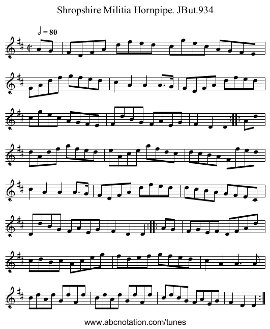 Shropshire Militia Hornpipe. JBut.934 - staff notation