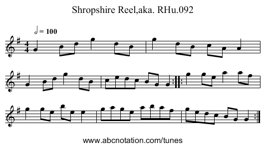 Shropshire Reel,aka. RHu.092 - staff notation